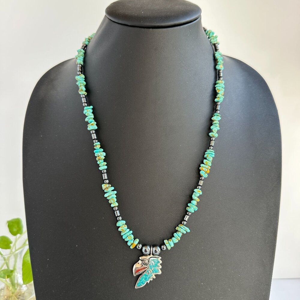 Southwest Style Turquoise Glass and Hematite Bead Necklace with Eagle Pendant 20